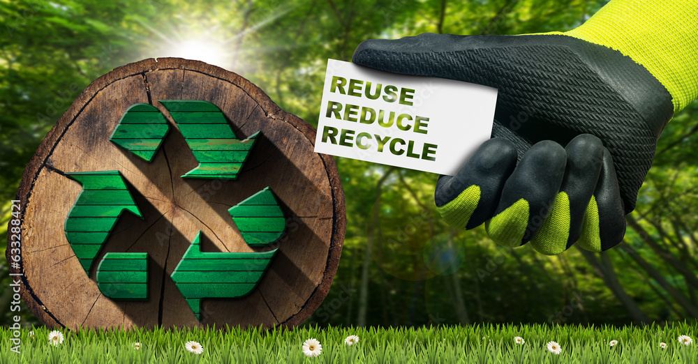 Poster manual worker with work gloves holding a business card with text reuse, reduce and recycle. green me