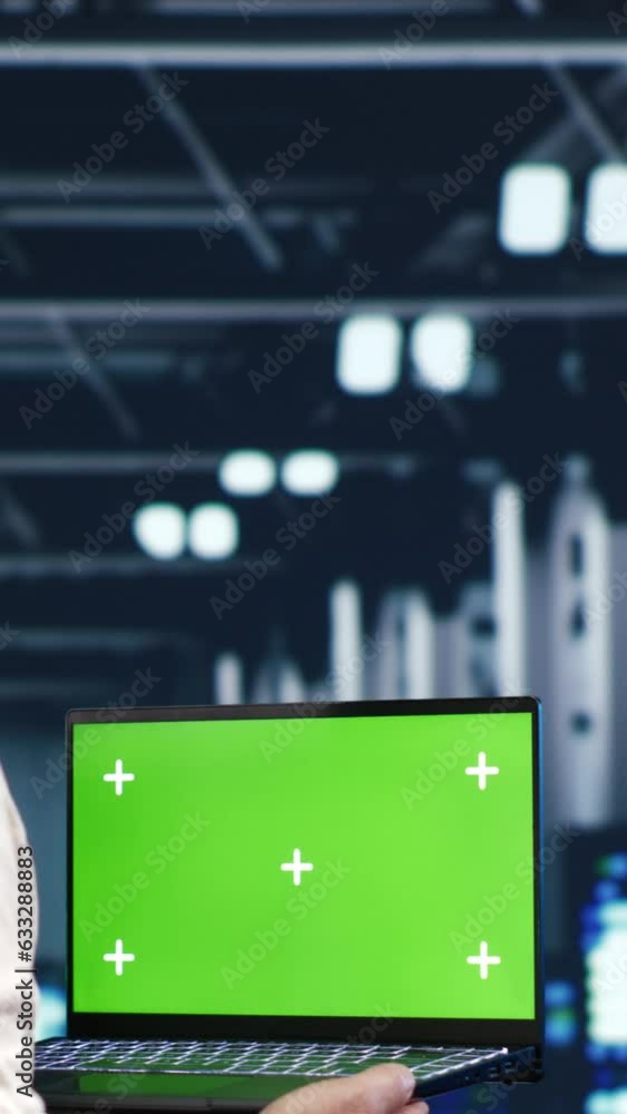 Poster vertical video capable it professional navigating network of server clusters in industrial hub. expe