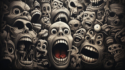 Naklejka premium abstract art, canvas covered in screaming faces, pain and fear, madness and chaos, 003, generative ai