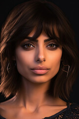 A headshot of a Middle Eastern woman with a fashionable shag haircut, bold geometric eyeshadow, and nude lipstick, exuding confidence.
