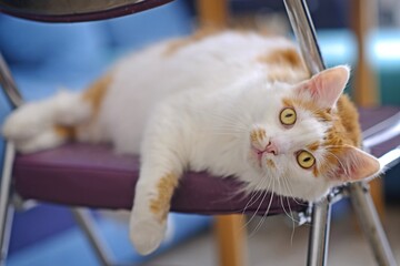 Funny cat lies on the stool and looking at camera. Horizontal image with soft focus.