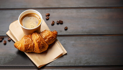 Aromatic coffee in a paper cup paired with a flaky croissant. With copy space