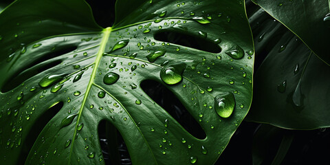 Closeup of tropical Monstera plant leaf with water drops. Generative AI