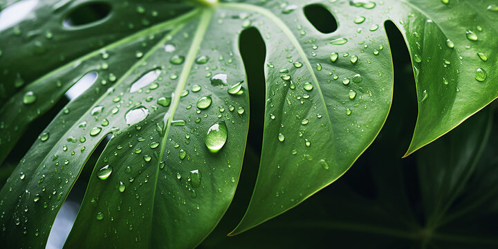 Closeup of tropical Monstera plant leaf with water drops. Generative AI