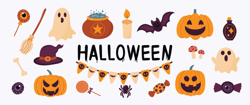 Happy Halloween day element background vector. Cute collection of spooky ghost, pumpkin, bat, lollipop, spider, cauldron, candle, bone. Adorable halloween festival elements for decoration, prints.