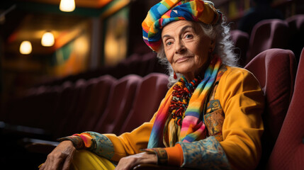 An elderly actress in costume stands proudly on a dramatic theater stage, with the seats and backdrop blurring into a creative setting.