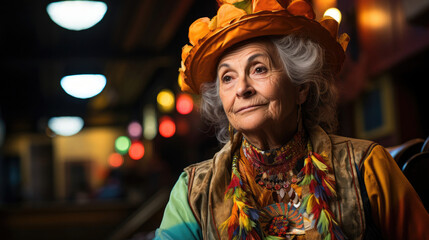 Obraz premium An elderly actress in costume stands proudly on a dramatic theater stage, with the seats and backdrop blurring into a creative setting.