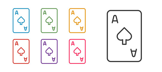 Set line Playing card with spades symbol icon isolated on white background. Casino gambling. Set icons colorful. Vector