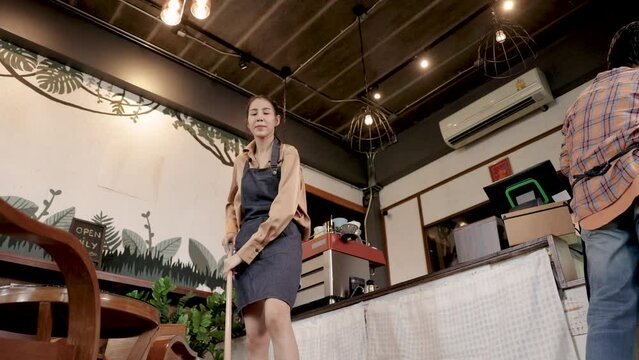4k, healthcare aging woman concept, elderly mother and daughter spending time together cleaning family business in cafe coffee shop, business owner multitasking working, after retirement happy time