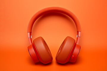 Fototapeta na wymiar flat lay, on-ear headphones in solid red color on seamless orange background, studio photo.