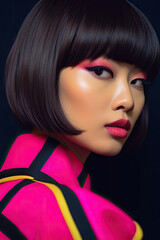 A close-up of an East Asian woman with a mod-inspired bob cut, featuring bold makeup and a thoughtful expression.
