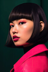 Fototapeta premium A close-up of an East Asian woman with a mod-inspired bob cut, featuring bold makeup and a thoughtful expression.