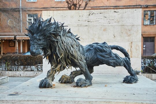YEREVAN, ARMENIA - January 06, 2023: Open-air Museum of Modern Art in front of a cascade of stairs