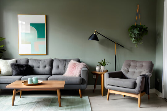 Dark grey armchair with wooden coffee table, orchid and painting near pastel green wall
