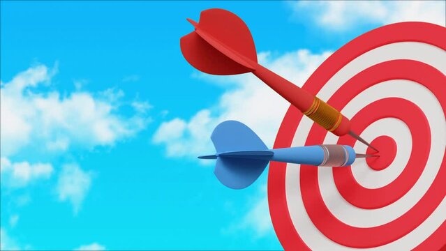 Bullseye target or dart board has red and blue dart arrow throw hitting the center of a shooting for business targeting and winning goals business concepts. 3d animation