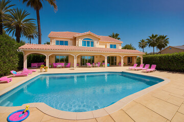 Fototapeta na wymiar Luxury pink house in Malibu with swimming pool