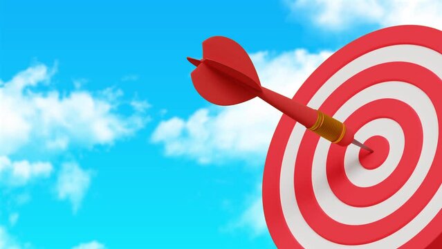 3D animation of red round shaped target with dart arrow representing concept of setting goals correctly. Challenge in business marketing