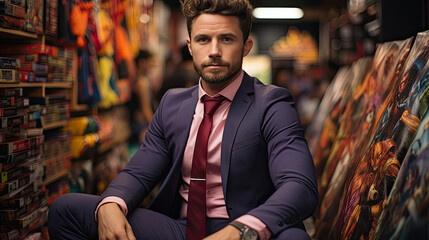 Fototapeta premium A man in a modern business-casual outfit stands within a vibrant comic book store.