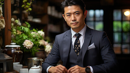A sophisticated man in business attire stands in a tranquil tea house.