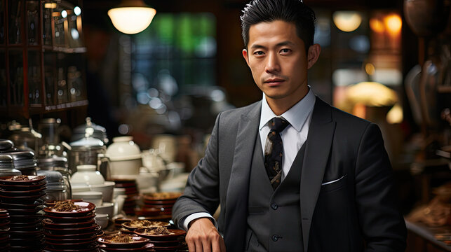 A sophisticated man in business attire stands in a tranquil tea house.