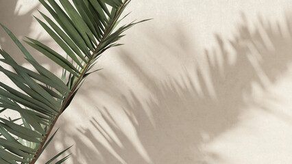 Green tropical palm tree in sunlight with leaf shadow on blank beige brown wall for luxury beauty, fashion, cosmetic, skincare, body care, interior design decoration background 3D