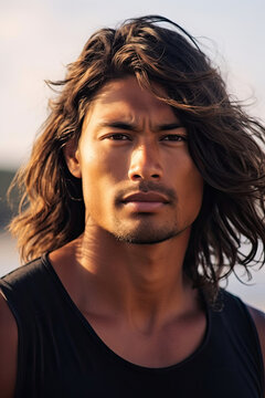 A portrait of a Pacific Islander man exuding a carefree vibe with his tousled surfer haircut.