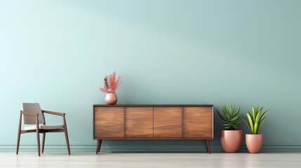 a wood sideboard in a refreshing living room interior design ai generated