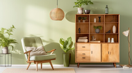 Fototapeta premium a wood sideboard in a roomy living room interior decor ai generated