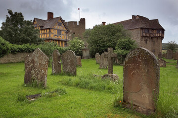 Medieval fortified manor of Stokesay Castle, showing the timber-framed gatehouse and the original...