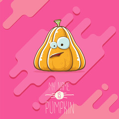 vector funny cartoon cute orange smiling pumkin isolated on abstract pink background. My name is pumkin vector concept illustration. vegetable funky halloween or thanksgiving day character