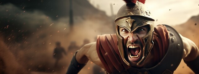 Generative AI, Realistic illustration of a fierce gladiator attacking, running. Armoured roman gladiator in combat wielding a sword charging towards his enemy. - obrazy, fototapety, plakaty