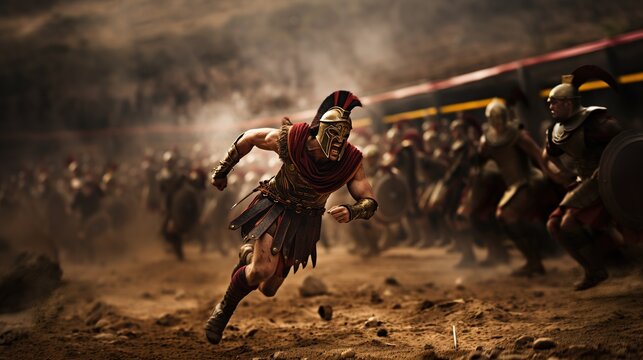 Generative AI, Realistic illustration of a fierce gladiator attacking, running. Armoured roman gladiator in combat wielding a sword charging towards his enemy.