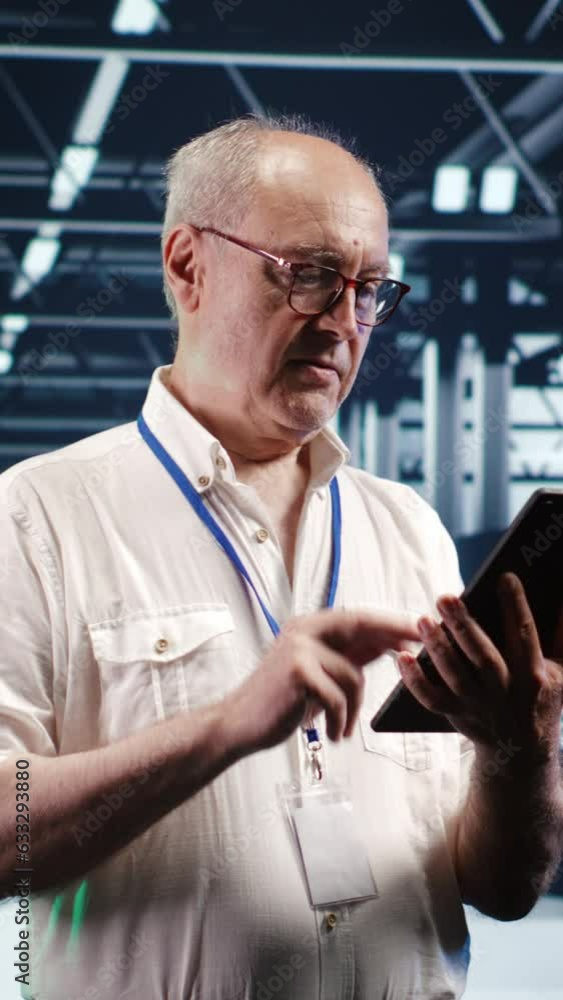 Aufkleber vertical video senescent professional navigating network of server rigs in industrial nexus. employe