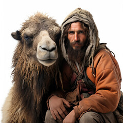 A Jordanian bedouin and a camel captured in a studio setting against a white background.
