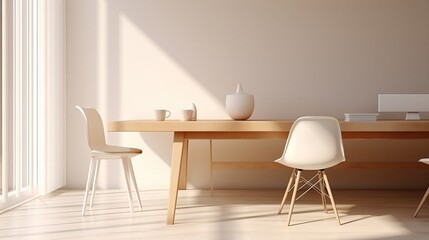 Minimalistic interior of a dining table and chairs. Created with Generative Ai technology.