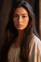 Fototapeta premium A headshot of a Native American woman with long, feathered hair exuding confidence as she looks directly at the camera.