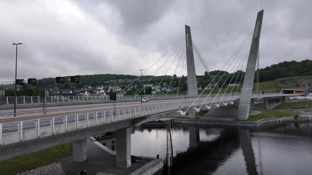 Aerial View of Cars Driving Through The Bridge Over The Farris Lake In Larvik, Norway. - ascend