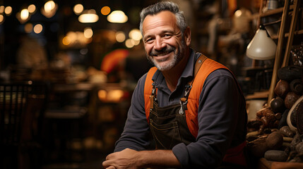 A skilled carpenter in a work apron showcases his artisanal craftsmanship in a small furniture store.