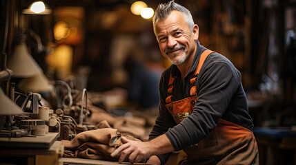 A skilled carpenter in a work apron showcases his artisanal craftsmanship in a small furniture store.