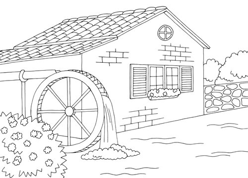 Water mill graphic black white landscape illustration vector 