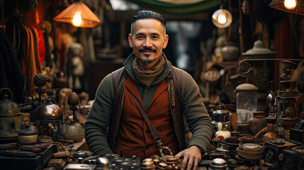 A seller in a vintage outfit stands in a lively flea market with a treasure-filled backdrop.
