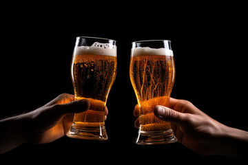 Hands toasting with glasses of beer isolated on black background