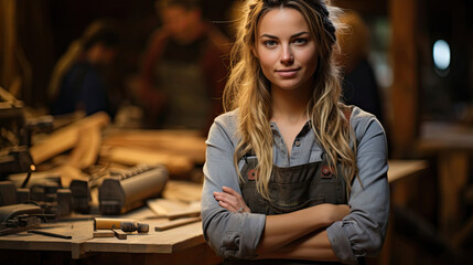 Fototapeta premium A skilled carpenter in a dusted apron showcases her craftsmanship amidst a backdrop of woodworking tools.