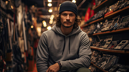 A skateboarder in a skater tee stands in a bustling city skateboard shop, with skateboards and skate gear creating an urban, cool backdrop.