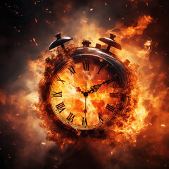 Clock on fire, time's burning end in fiery clock 