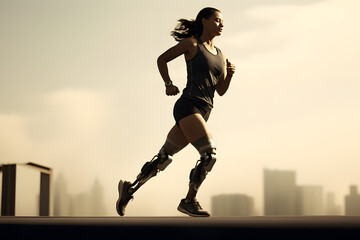 Fototapeta na wymiar Woman with futuristic prosthetic legs, future of biomechanics