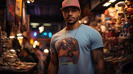 A comic enthusiast proudly stands in a bustling city comic book store, surrounded by vibrant pop culture.