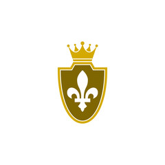 Obraz premium Golden shield with heraldic symbol of fleur de lis icon isolated on transparent background