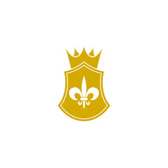 Golden shield with heraldic symbol of fleur de lis icon isolated on transparent background © sljubisa