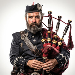 Studio shot of a Scottish man in a kilt playing the bagpipes. - obrazy, fototapety, plakaty